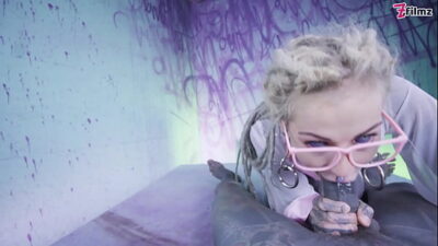 Glasses and Buttplug Tattooed TEEN Riding a Tattooed Dick Fucking DP Facial