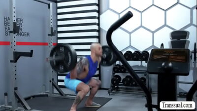 Nasty big tits TS anal fucked in the gym!
